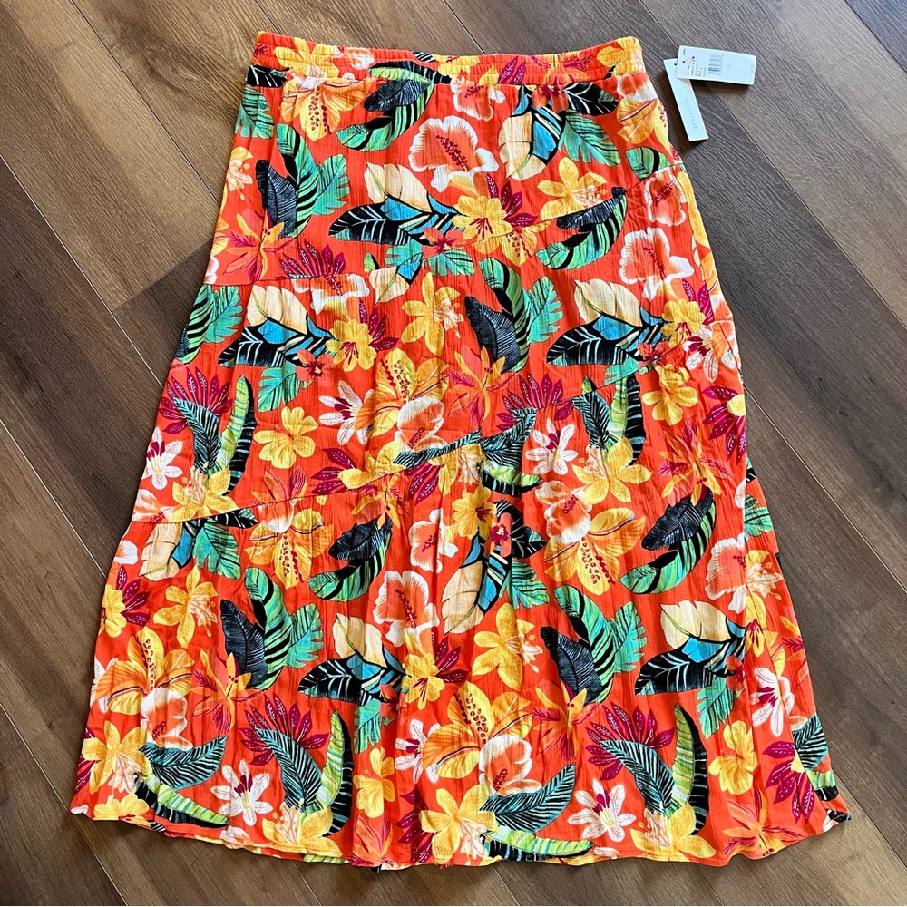 AB Studio Tropical Floral Print Tiered Boho Festival Rayon Maxi Skirt Womens XL